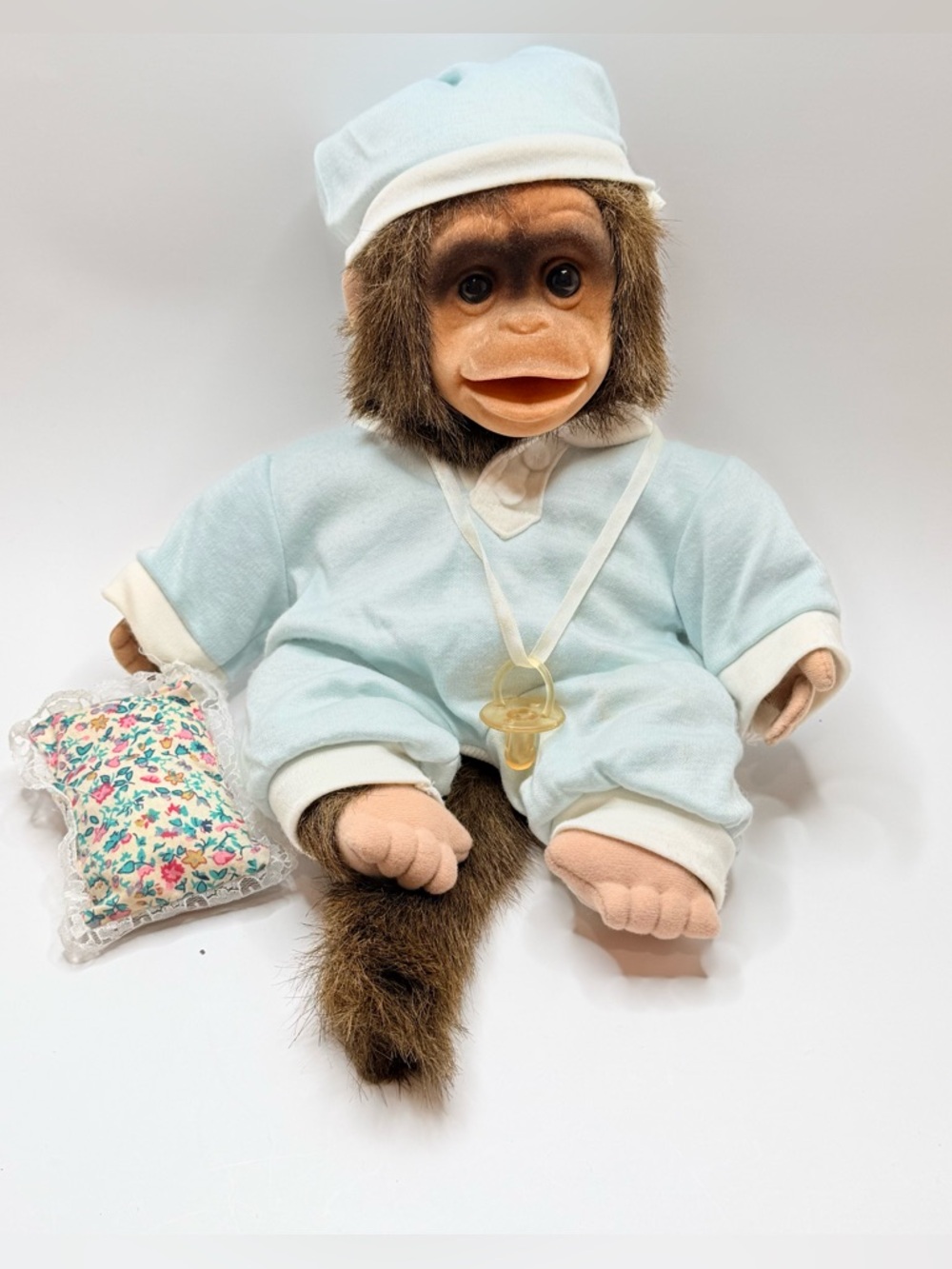 Vintage 1994 Hosung Baby Chimp Monkey in pajamas Hand Puppet Plush Squeaker